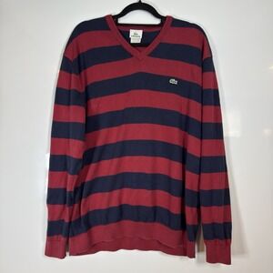 Lacoste Cotton V-Neck Sweater Pullover Striped Long Sleeve Mens  7 XXL Red Blue